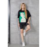 Kadın Silüet Baskılı Bisiklet Yaka Oversize T-shirt