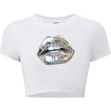 Kadın Silver Lip Gümüş Dudak Crop T-Shirt Beyaz