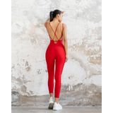 Kadın Sırt Dekolteli Çapraz Bant Askılı Dar Kesim Toparlayıcı Yoga Pilates Tayt Spor Tulum (KIRMIZI, L)