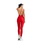 Kadın Sırt Dekolteli Çapraz Bant Askılı Dar Kesim Toparlayıcı Yoga Pilates Tayt Spor Tulum (KIRMIZI, M)
