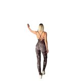Kadın Sırt Dekolteli Çapraz Bant Askılı Dar Kesim Toparlayıcı Yoga Pilates Tayt Spor Tulum (LEOPAR, L)
