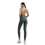 Kadın Sırt Dekolteli Çapraz Bant Askılı Dar Kesim Toparlayıcı Yoga Pilates Tayt Spor Tulum (YEŞİL, L)