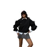 Kadın Siyah 3 İplik Şardonlu Geniş Kesim Kurdele Detaylı Sweatshirt 28318