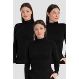 Kadın Siyah Balıkçı Yaka Uzun Kollu Body 3 Adet - M
