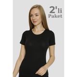 Kadın Siyah Basic Tişört 2'li Paket Pamuklu Likralı Esnek Kısa Kol Fanila - XL