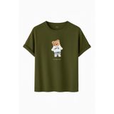Kadın Siyah Baskılı Tişört – DARE YOU Teddy Bear – Dijital Baskı – Rahat Kesim (Haki, M)