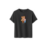 Kadın Siyah Baskılı Tişört – LOVE Colorful Teddy Bear – Dijital Baskı – Rahat Kesim (Füme, M)