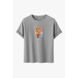 Kadın Siyah Baskılı Tişört – LOVE Colorful Teddy Bear – Dijital Baskı – Rahat Kesim (Gri, S)