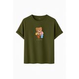 Kadın Siyah Baskılı Tişört – LOVE Colorful Teddy Bear – Dijital Baskı – Rahat Kesim (Haki, S)