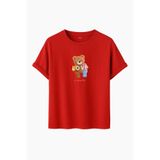 Kadın Siyah Baskılı Tişört – LOVE Colorful Teddy Bear – Dijital Baskı – Rahat Kesim (Kırmızı, L)