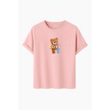 Kadın Siyah Baskılı Tişört – LOVE Colorful Teddy Bear – Dijital Baskı – Rahat Kesim (Pudra, S)