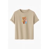 Kadın Siyah Baskılı Tişört – LOVE Colorful Teddy Bear – Dijital Baskı – Rahat Kesim (Taş, S)