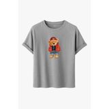 Kadın Siyah Baskılı Tişört – Teddy Bear Figürlü – Dijital Baskı – Rahat Kesim (Gri, S)
