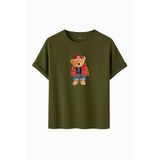 Kadın Siyah Baskılı Tişört – Teddy Bear Figürlü – Dijital Baskı – Rahat Kesim (Haki, S)