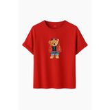 Kadın Siyah Baskılı Tişört – Teddy Bear Figürlü – Dijital Baskı – Rahat Kesim (Kırmızı, 2XL)