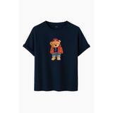 Kadın Siyah Baskılı Tişört – Teddy Bear Figürlü – Dijital Baskı – Rahat Kesim (Lacivert, 2XL)