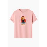 Kadın Siyah Baskılı Tişört – Teddy Bear Figürlü – Dijital Baskı – Rahat Kesim (Pudra, XL)