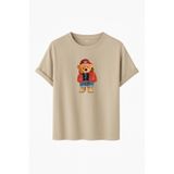 Kadın Siyah Baskılı Tişört – Teddy Bear Figürlü – Dijital Baskı – Rahat Kesim (Taş, S)