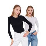 Kadın Siyah Beyaz 2'li Uzun Kol Body Bisiklet Yaka Kadın Badi 2101