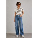 Kadın Siyah Beyaz Kırmızı Çizgili Polo Yaka Crop Tişört Kısa Kollu Slim Fit Yazlık Bluz