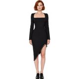Kadın Siyah Bodycon Kare Yaka Uzun Kollu Midi Abiye Elbise Taş Aksesuarlı Şık Kokteyl ve Gece Stili-Siyah-34