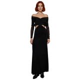 Kadın Siyah Bodycon Kayık Yaka Maxi Uzun Kol Cut Out Detaylı Şık Abiye Elbise Mezuniyet Baloları-Siyah-36