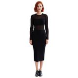 Kadın Siyah Bodycon Midi Triko Elbise Uzun Kollu Bisiklet Yaka Şık Transparan Detaylı Modern Kışlık-Siyah-L