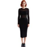 Kadın Siyah Bodycon Midi Triko Elbise Uzun Kollu Bisiklet Yaka Şık Transparan Detaylı Modern Kışlık-Siyah-M