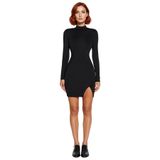 Kadın Siyah Bodycon Uzun Kollu Dik Yaka Mini Elbise Şık Kokteyl Ve Gece Davetleri İçin İdeal Seçim-Siyah-36