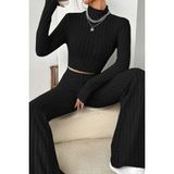 Kadın Siyah Boğazlı Crop Top ve Yüksek Bel Eşofman Takımı Spor Şık Kombin