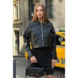 Kadın Siyah Crop Suni Deri Ceket - Fermuar ve Bağcık Detaylı Biker Style