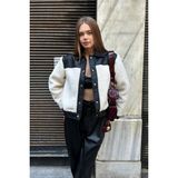 Kadın Siyah Deri Detaylı Peluş Bomber Ceket - Oversize - Bej