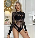 Kadın Siyah Fileli Dantel Desenli Transparan İthal Bodysuit/Vücut Çorabı