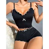 Kadın Siyah Fitilli Askılı Şortlu Pijama Takım 5042