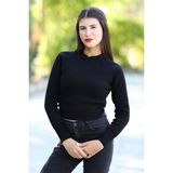 Kadın Siyah Fitilli Crop Triko Kazak Kısa Model Akrilik Kumaş Ribanalı - 3122 - Standart