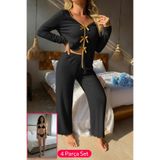 Kadın Siyah Fiyonklu İç Çamaşırı Ve Uzun Kollu V Yaka Pijama Takımı 4'Lü Set