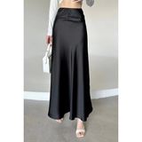 Kadın Siyah Floş Viskon Saten Kemeri Lastikli Fermuarlı Maxi Boy A Line Etek - 34
