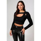 Kadın Siyah Göğüs Dekolteli Çapraz Askılı Uzun Kollu Crop Top Bluz - Şık, Rahat Ve Kolay Kombinleneb