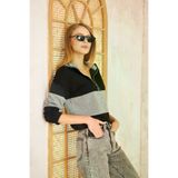 Kadın Siyah Gri Uzun Kol Fermuarlı Polo Yaka Color Block Basic Salaş Sweatshirt Bluz 3471242