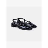Kadın Siyah İnce Bantlı Slingback Kısa Topuklu Rugan Deri Ayakkabı