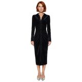 Kadın Siyah Kadife Bodycon Midi Elbise Polo Yaka Uzun Kollu Büzgülü Modern Kış Şıklığı Kaliteli-Siyah-XL