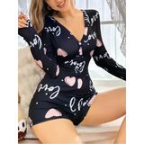 Kadın Siyah Kalp Desenli Love Yazılı Pijama Tulumu 5124