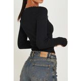 Kadın Siyah Kare Yaka Dantelli Uzun Kollu Crop Top Bluz