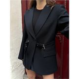 Kadın Siyah Kemer Detaylı Blazer Ceket Uzun Kol Standart Kesim Günlük Model