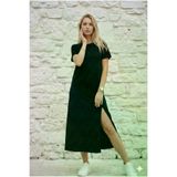 Kadın Siyah Kısa Kollu Tam Boy Giy Çık Basic Elbise / Omzu Düğmeli / Yırtmaçlı /günlük Spor 3618308