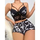 Kadın Siyah Leopar desenli Dantel detaylı Şortlu Gecelik Pijama Takımı 5055