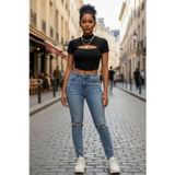 Kadın Siyah Modern Fit Göğüs Dekolteli Yarım Kollu Cut Out Crop Top Bluz