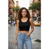 Kadın Siyah Modern Fit Kare Yaka Crop Top Bluz