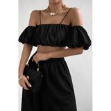 Kadın Siyah Off Shoulder Crop Bluz – Askılı, Lastikli, Kısa Kollu Yazlık Şık Üst