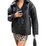 Kadın Siyah Shearling Ceket – Oversize Suni Süet Deri Dış, Teddy/Sherpa Astarlı Aviator Mont, Düğmeli & Cep Detaylı, Kışlık Sıcaklık & Şıklık (S)